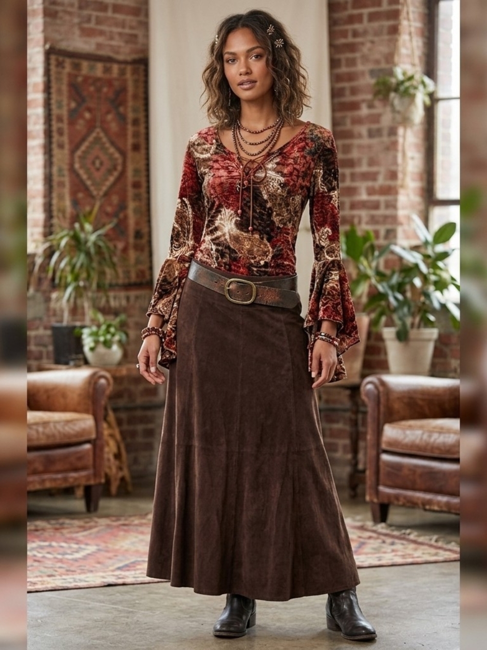 Velvet Floral Boho Blouse in Orange and Brown Size Small